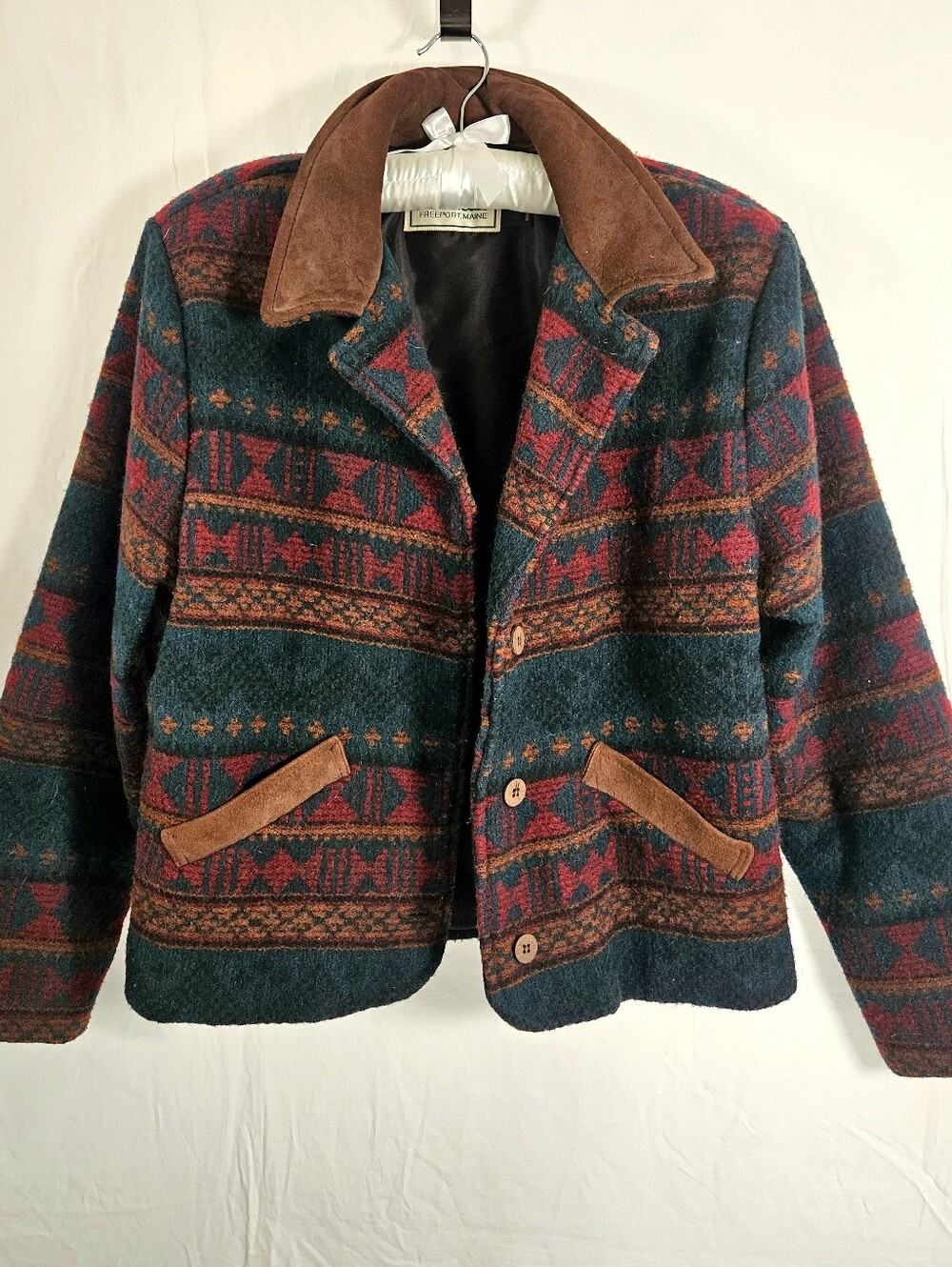 Vintage LL Bean Aztec Wool Jacket Womens Small Thinsulate Suede Leather Trim USA